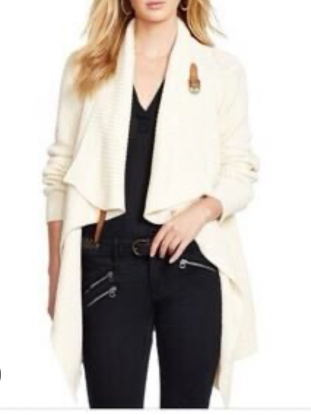 Polo by Ralph Lauren Cream Wrap Draped Open-Front with buckle Cardigan Medium
